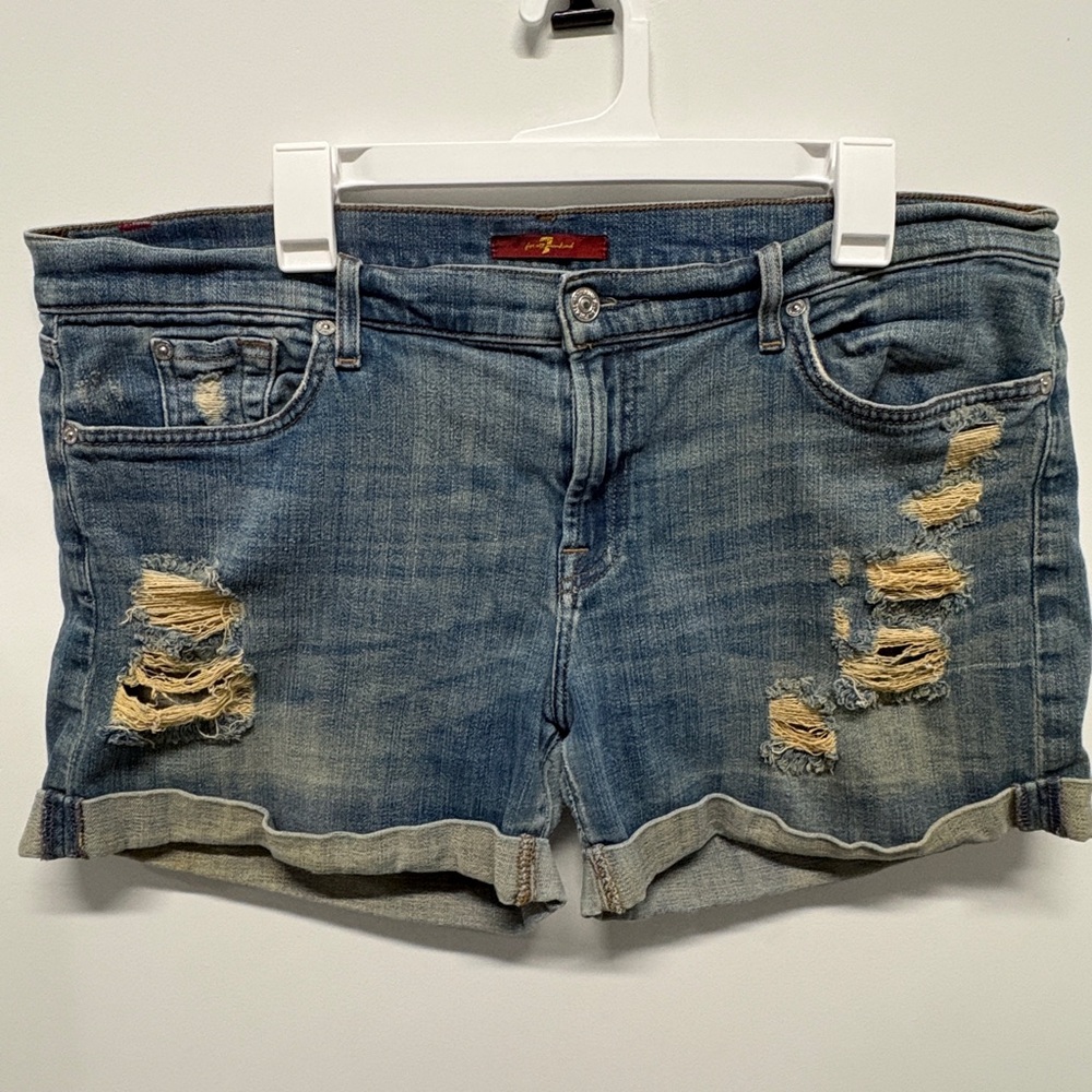 7 For All Mankind Distressed Light Blue Denim Jean Shorts